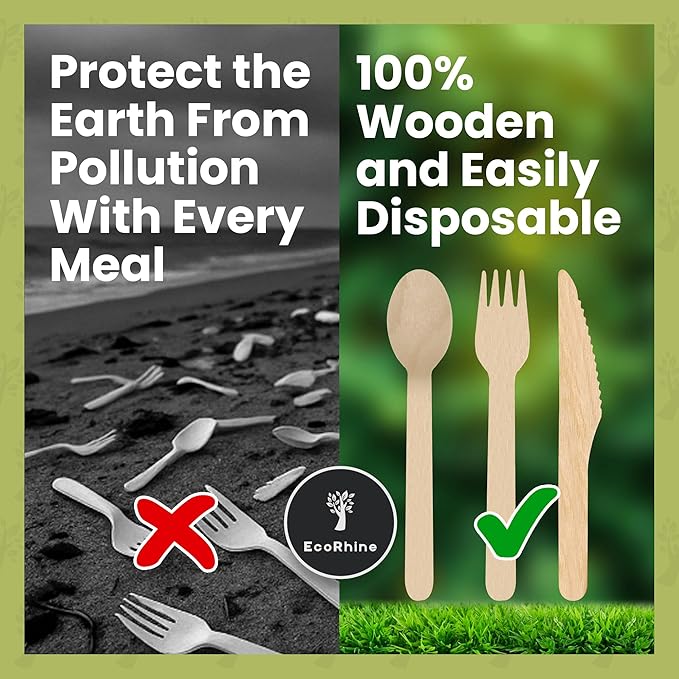 Wooden Cutlery Set Disposable - 400 PCS Wooden Compostable forks and Spoons with 150 Forks, 150 Spoons, and 100 Knives - Disposable Utensils Set for Outdoor, Party, Camping & More