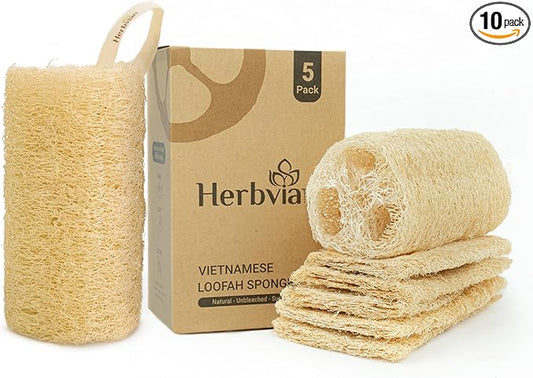 Natural Vietnamese Loofah Sponge, 100% Plant-Based Luffa Exfoliating Body Scrubber for Shower, Multi-Functional for Kitchen, Ideal for Men & Women, Spa & for Pet (5-Pack)