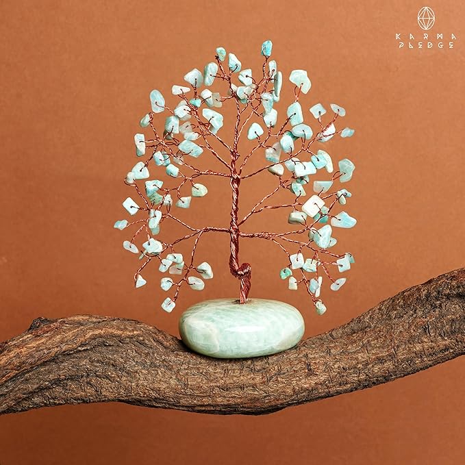 KARMAPLEDGE Crystal Tree of Life Home and Office Feng Shui Decor, Amazonite Healing Crystal Handmade Bonsai Tree for Positive Energy, Good Luck, Money, Christmas Decor, Birthday Gifts for Women, Mom