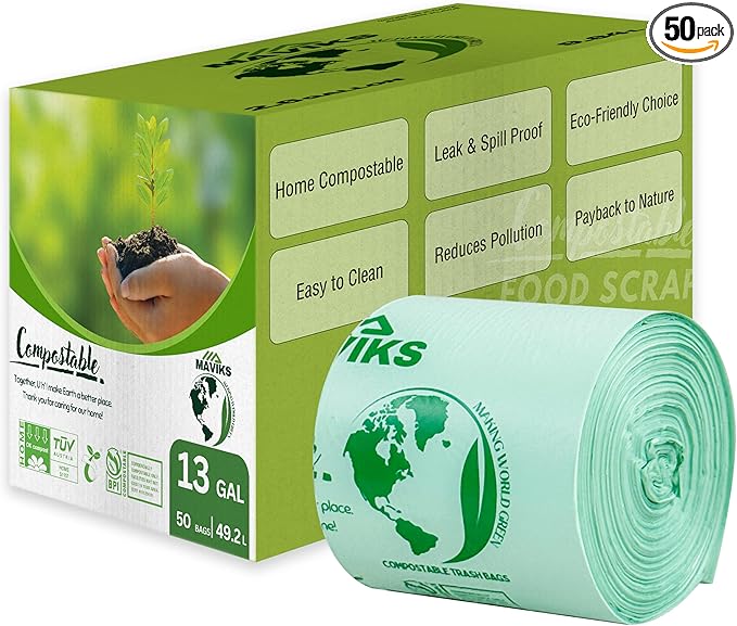 Super Durable Biodegradable Compostable Trash Bags 13 Gallons / 49.2 Liter, Green Biodegradable Trash Bags 50 Pcs, Small Kitchen Compost Bags for Countertop Bin, BPI & OK Compost Certified
