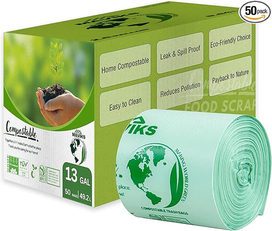 Super Durable Biodegradable Compostable Trash Bags 13 Gallons / 49.2 Liter, Green Biodegradable Trash Bags 50 Pcs, Small Kitchen Compost Bags for Countertop Bin, BPI & OK Compost Certified