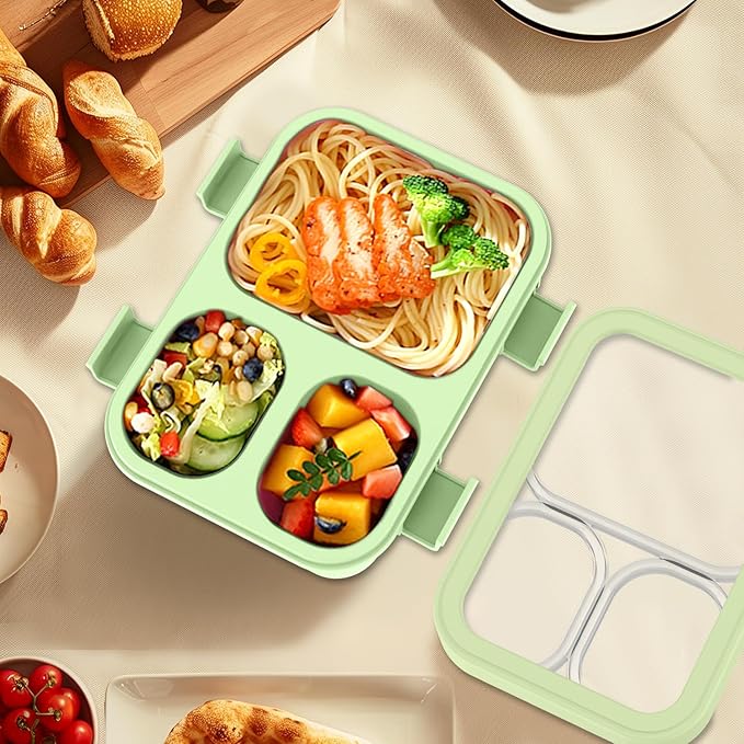2 Pack Bento Lunch Box,Bento Box for Adults,29oz with 3 Compartments lunch box, for Trvael (Green & yellow)