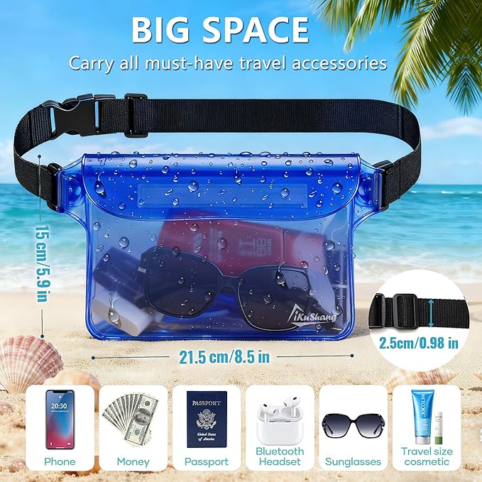 Waterproof Fanny Pack with Triple Zip Lock, Submersible Up to 32FT Dry Bag Pouch, Touchscreen Phone Case for Beach, Cruise, Swimming & Kayaking Essentials