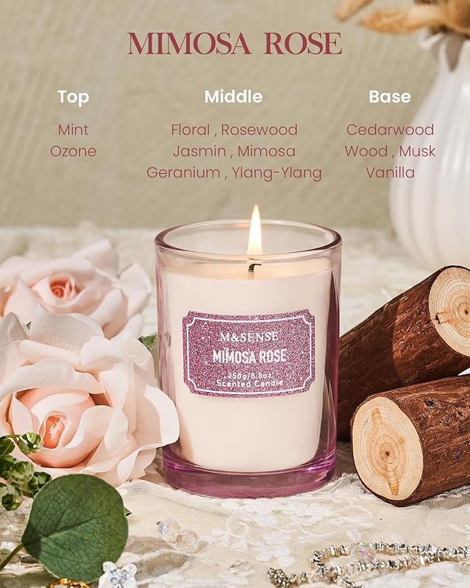 M&SENSE Rose Scented Candles, Classic Size 8.8 oz Glitter Jar Candles, Holiday Candles Gifts for Women, Strong Scented Natural Soy Candle for Winter Home Decor, 50 Hours Long Burning