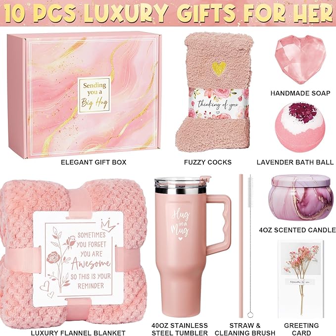 Birthday Gifts for Women Self Care Gifts Get Well Soon Gifts, Rose Relaxing Spa Gifts Basket Care Package w/ Flannel Blanket 40 OZ Tumbler, Christmas Gifts for Mom Wife Grandma Friends Sisters Her