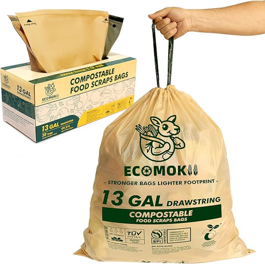 EcoMokii 13 Gallon Compostable Trash Bags with Drawstring, 30 Count, 49.2 Liter, 1.2 Mil Heavy Duty Extra Thick Large Kitchen Garbage Bin Liners, Compost Food Scraps Bag, BPI (ASTM D6400)