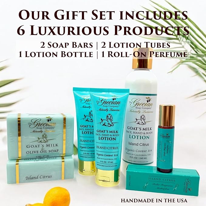 The Grecian Soap Company Deluxe Bathtub Gift Set, 6pcs Goat Milk & Olive Oil Skin Care Set, Birthday Gifts for Women, Bridal Shower Gifts, Gifts for Mom, Island Citrus Scent, Handmade in the USA