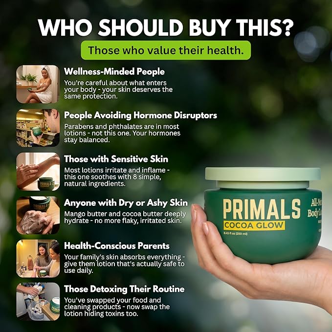 PRIMALS All Natural Body Lotion - Cocoa Butter & Mango Butter - 100% Naturally Derived Ingredients - Alcohol Free, Artificial Fragrance Free, Paraben Free, Petroleum Derivative Free - 8.45 oz