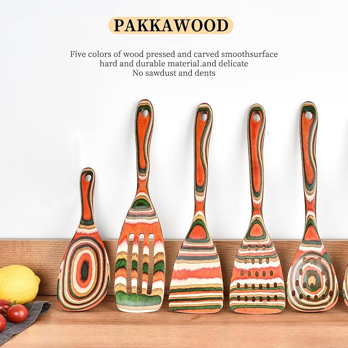Gudamaye Pakkawood 7-Piece Red Wooden Cooking Utensils, Wooden Spoons for Cooking,Wooden Spoon Set, Wooden Kitchen Utensil set, Pakkawood kitchen Utensils for Serving, Bridal Shower Gifts