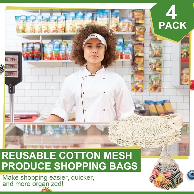 Paterr 4 Pack Cotton Mesh Produce Bags Bulk Reusable Market Bag Washable Net Grocery Purse String Shopping Tote Beach Organizer for Vegetable Fruit Picnic Food Storage (Short Handle,Beige)