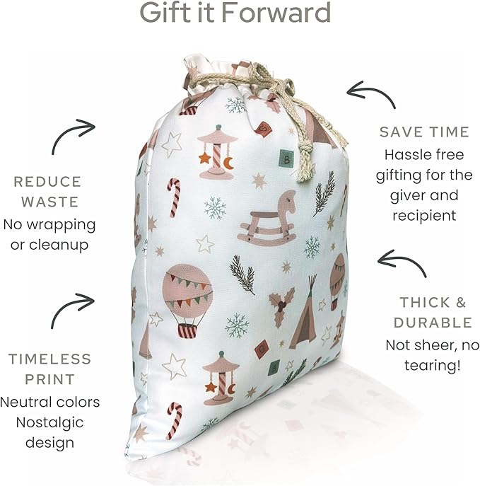 Gather & Knot Drawstring Christmas Gift Bags | Boho Toy | Premium Canvas | Reusable Fabric Gift Wrap for Holidays | Large