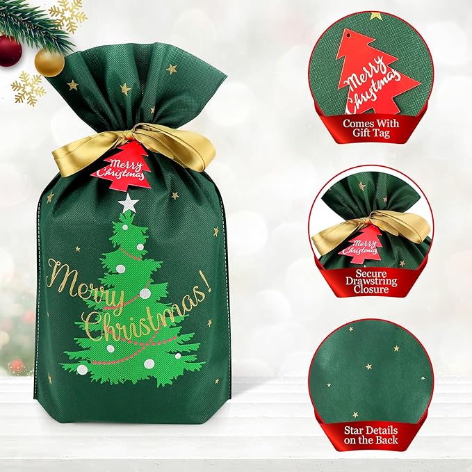 Fabric Christmas Gift Bags - 6 Pcs Gift Bags with Drawstring, Large Reusable Christmas Bags for Gifts (Green Xmas Tree Assorted)