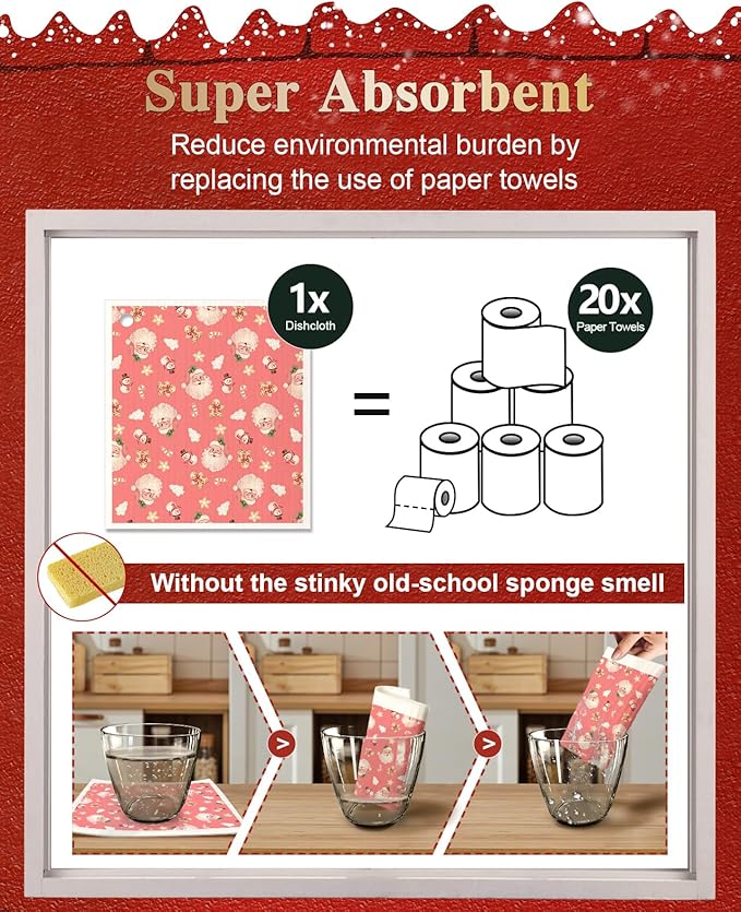 Christmas Swedish Dishcloths for Kitchen - 5 Pack Reusable Dish Cloths for Washing Dishes Absorbent Cute Winter Theme Kitchen Towels Cleaning Sponge, Pk Xmas Theme