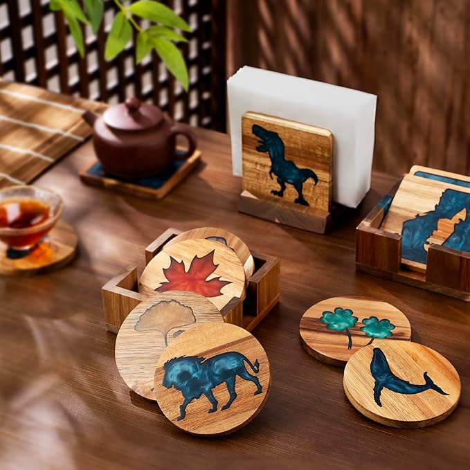 4Pcs Drink Coaster Set with Napkin Holder Conversion Base Acacia Wood with Unique Resin Animal Design for Kinds of Cups Tabletop Protection and Decor for Coffee Table Ideas for Gifts