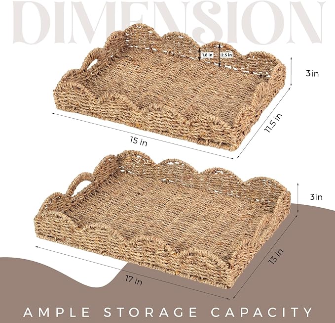 2Pcs - Scalloped Basket, Decorative Basket, Seagrass Tray (17 x 13 x 3 inch - 2Pcs) with Scalloped Edge and Built-in Handles, Rectangle Serving/Rattan/Wicker/Woven/Basket Tray