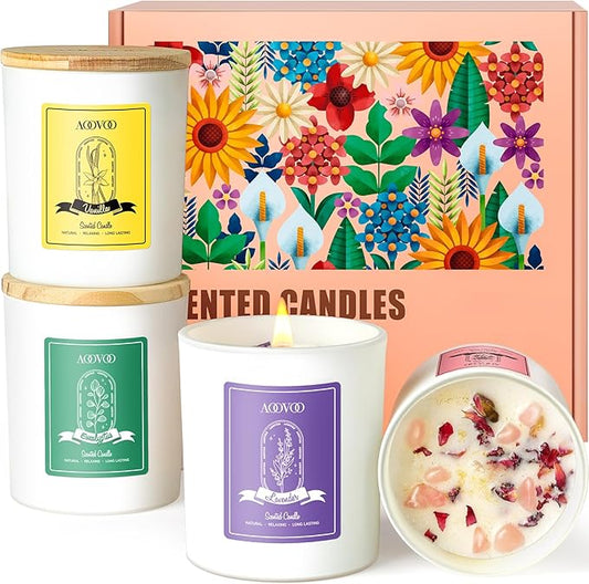 AOOVOO Rose/Vanilla/Eucalyptus/Lavender Scented Candles for Women - Aromatherapy Candle with Crystals Inside, 40oz Soy Candles for Home Scented, Birthday Gifts Christmas Candle for Women Mom