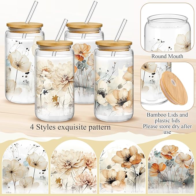 Mumufy 4 Pcs Gift for Women Chinoiserie Flower Glass Cup Tumbler Flower Iced Coffee Mugs 16 oz Glass with Bamboo Lid & Straw, Mothers Day Birthday Gift for Mom Sister Bridesmaid Baby Shower