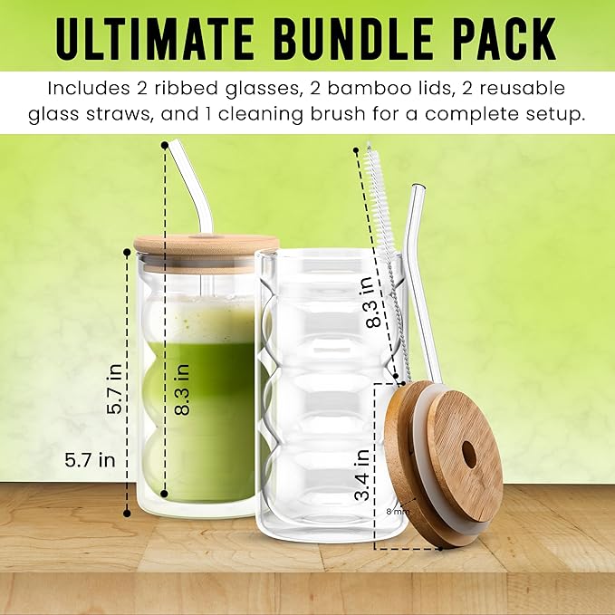 HAPPY PATH & CO. 2 Double Wall Glass Cups with Lids and Straws 16oz (480ml) - Glasses Drinking Set | Glass Tumbler with Bamboo Lid | Ribbed Bubble Glass Cups for Matcha, Coffee and Other Smoothies