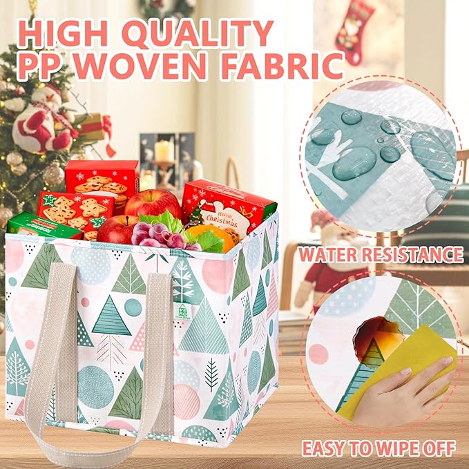 VENO 3 Pack Christmas Reusable Grocery Bags, Shopping Bags for Groceries, Tote with Handles and Hard Bottom, Foldable Shopping Cart Organizer, Water Resistant, Heavy-Duty (Pastel Forest, 6 Gallon)