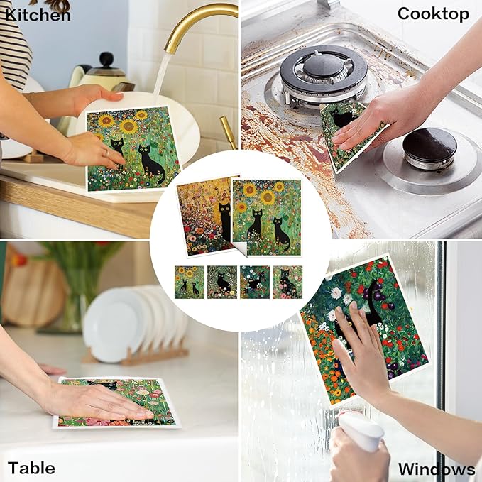 Black Cat Swedish Dishcloths for Kitchen, 6 Pack Reusable Dish Cloths for Washing Dishes, Absorbent Swedish Dish Towels for Home Kitchen Cleaning Fast Drying Washable Dishes Cloths