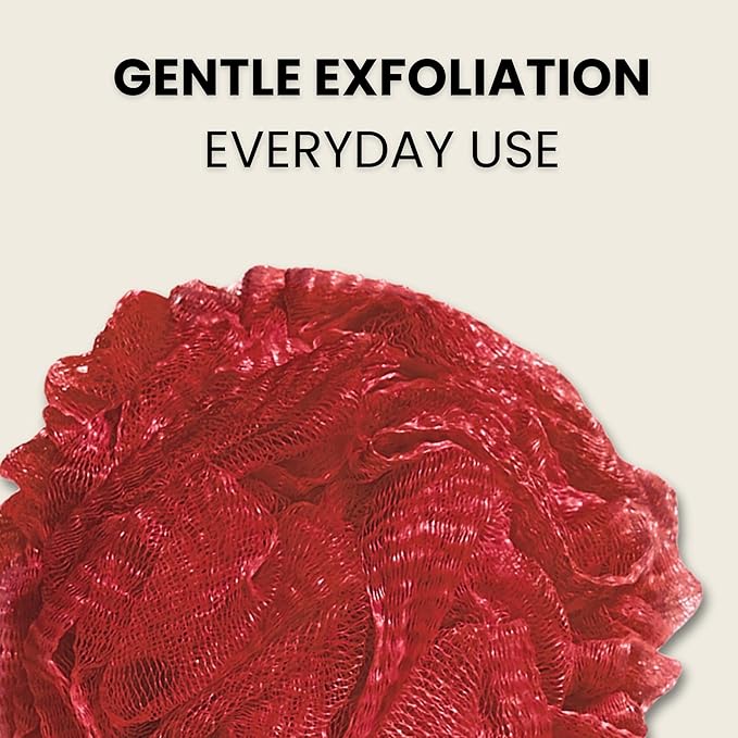 Large Bath Sponge Pack of 3 – Gentle Exfoliation Loofahs with Suction Cup for Easy Drying, Soft 70G Mesh Poufs for All Skin Types, Luxurious Lather for Daily Use (Dark Red)