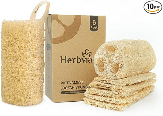 Natural Vietnamese Loofah Sponge, 100% Plant-Based Luffa Exfoliating Body Scrubber for Shower, Multi-Functional for Kitchen, Ideal for Men & Women, Spa & for Pet (6pcs/Pack)