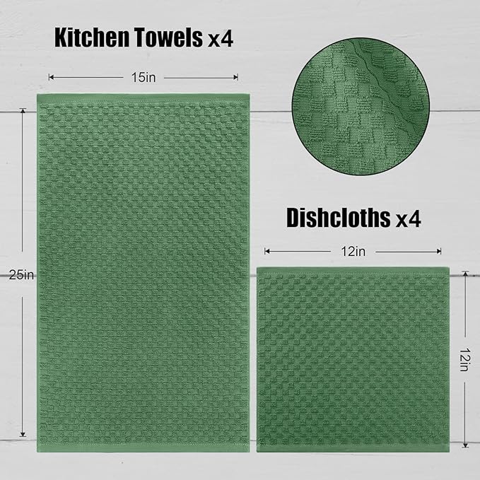 Fintale 100% Cotton Kitchen Towels and Dishcloths Set, 12 x 12 & 15 x 25 Inches, Set of 8 Bulk Super Soft and Absorbent Terry Cloth Dish Towels, Quick Drying Hand Towels with Hanging Loop, Grass Green