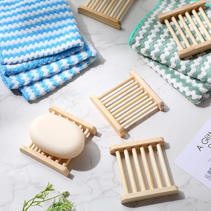 Amyhill 120 Pcs Bamboo Wood Soap Dish Bulk Bathroom Wooden Soap Holder Savers Self Draining Dishes Handcraft Tray, 3.3 x 3.3 x 0.67 Inch (Wood Color)