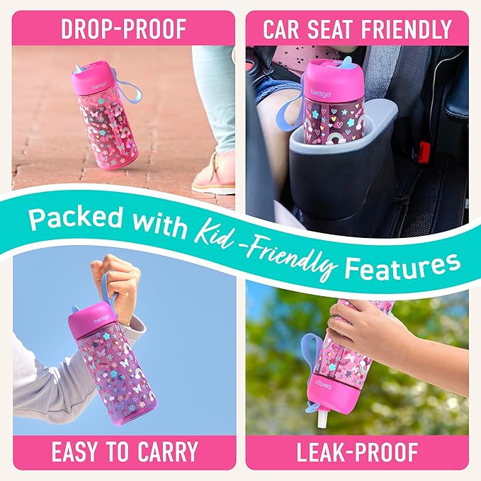 Bentgo Kids Water Bottle - Leak-Proof, Durable Tritan, BPA-Free 15 oz. Cup for Kids/Toddlers Ages 3+, Safe Sip Spout, Carrying Handle, & Dishwasher Safe for School & Sports (Rainbows & Butterflies)