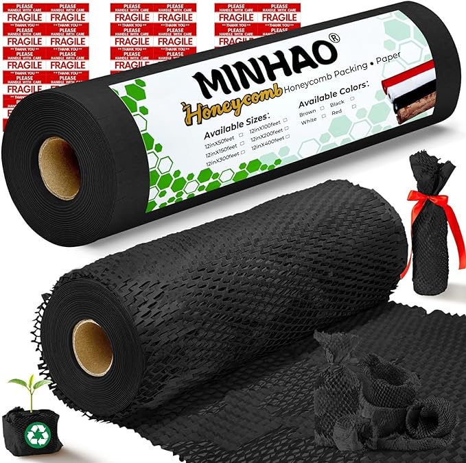 Honeycomb Packing Paper, 12"x200' Black | Perforated Honeycomb Packing Paper Recyclable Moving Supplies for Shipping & Moving | Plastic-Free Alternative to Bubble Cushion Wrap with 36 Fragile Stickers