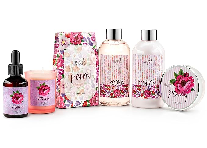 7-Piece Bath and Body Gift Set for Women with Shower Gel, Body Lotion, Body Scrub, Body Oil, Bath Salt, and Scented Candle – Perfect Spa Gift (Peony Floral)
