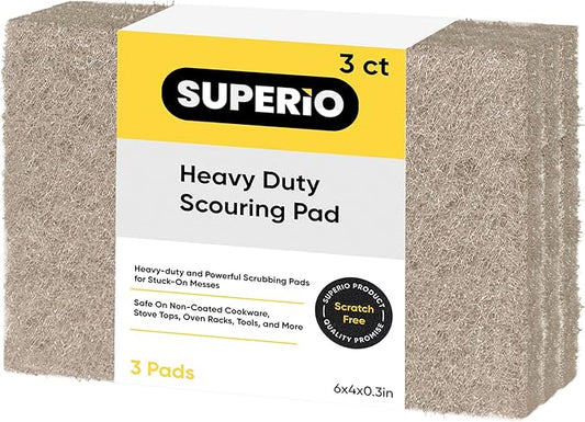 Superio Scouring Pad Non-Scratching Scrubber Non-Scratch Cleaning Scrub Pads Heavy Duty Scouring Pad Reusable Kitchen Scrubbing Pad Pack of 3 Natural