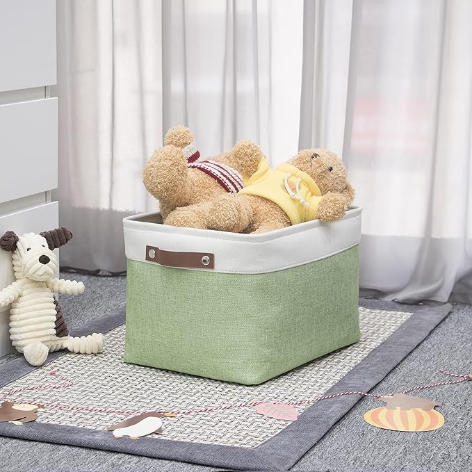 HNZIGE Storage Basket for Organizing Clothes(3 Pack) Decorative Storage Bins for Shelves Toys, Fabric Canvas Bins Storage Organizer with Handles(Gray&Green,15" X 11" X 9.5")