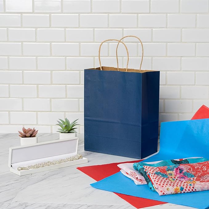 Prime Line Packaging Paper Gift Bags, Navy Blue Gift Bags, Small with Handles, Shopping Bags for Business, Goodies, Party Favor, Welcome, Graduation, Bulk, 8x4x10, 50 Pack