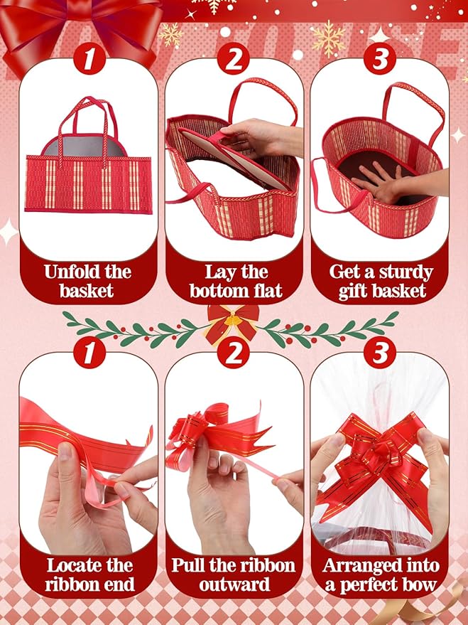 MADHOLLY 2Set Large Bamboo Christmas Baskets for Gifts Empty - 6"x7.5"x11.4" Sturdy Easy to Setup Gift Basket with 2 Clear Bags and Bows, for Thanksgiving, Housewarming Party Gift Wrapping