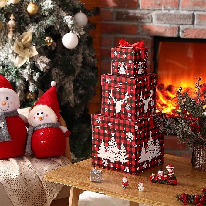 3 Pcs Christmas Nesting Gift Boxes Buffalo Plaid Xmas Stackable Boxes Black Red Decorative Xmas Nested Present Boxes with Lids and Ribbon for New Year Birthday Party Gift(Elk)