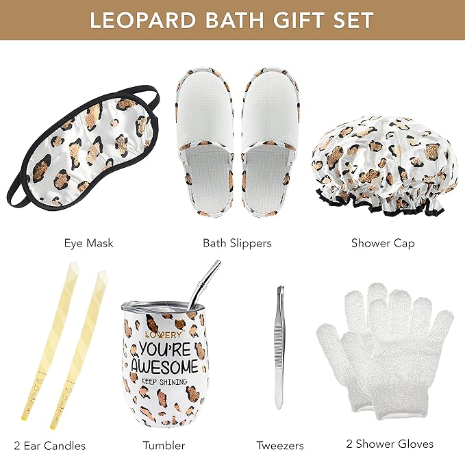 Christmas At-Home Spa Kit with Honey Almond Scent, Bath Gift Basket - Vit E-Rich Bath Essentials, Tumbler, Ear Candles, Bath Oil, Salts, Shower Steamer, Organic Lip Balm & More in Leopard Basket, 21