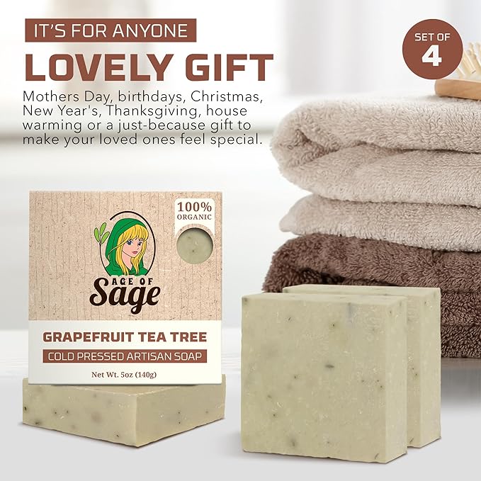 Natural Bar Soap for Women - Vegan Bath Soap Bars Gift Set - Handmade Cold Process Artisan Soap with Essential Oil, Moisturizing Wash Soaps, Fragrant Grapefruit Tea Tree Scent (4 Pack)