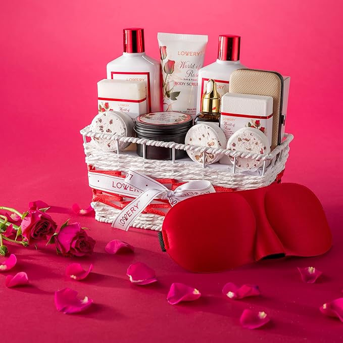 Christmas Gifts, Spa Gifts for Women, Bath and Body Gift Set, Red Rose Gift Basket, 35 Piece Stress Relief Spa Kit, Thank You, Birthday, Mom - Nail Care Kit, Body Scrub, Bubble Bath, Bath Bomb & More