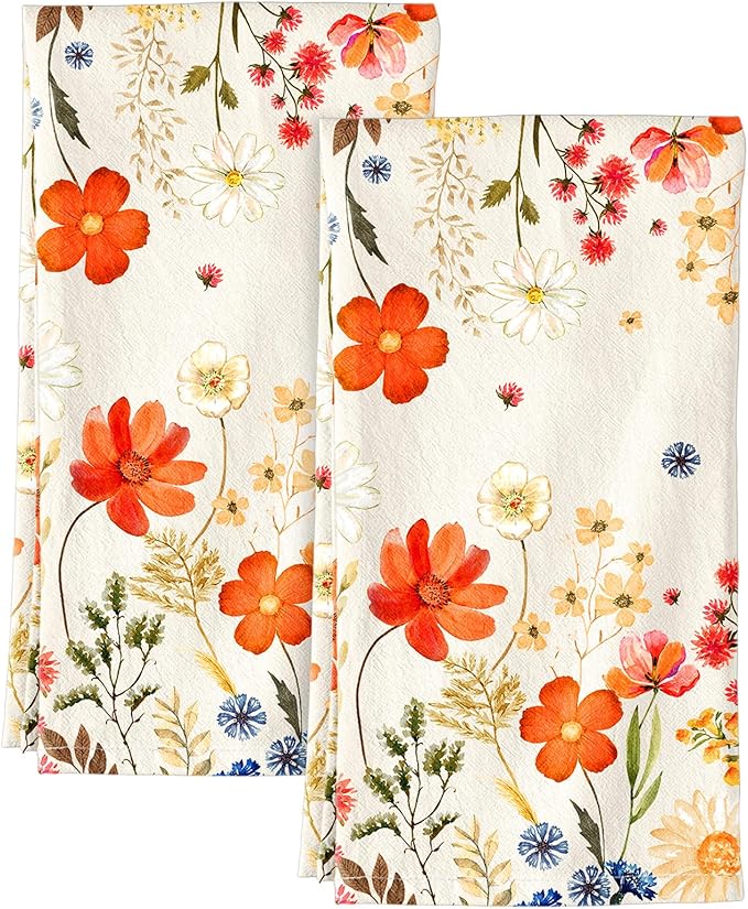 Flour Sack Kitchen Towels Set of 2-18x26 Cotton Dish Towels with Hanging Loop Reusable Tea Towel for Cleaning Spring Absorbent Dishcloths Cute Home Decor Housewarming, Red Flower