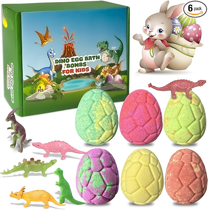 6 Pack Natural and Organic Dinosaur Bath Bombs Bubble Bath Gift Set, Bath Bombs with Dinosaur Inside, Perfect Birthday Gifts（6pcs, 90g）