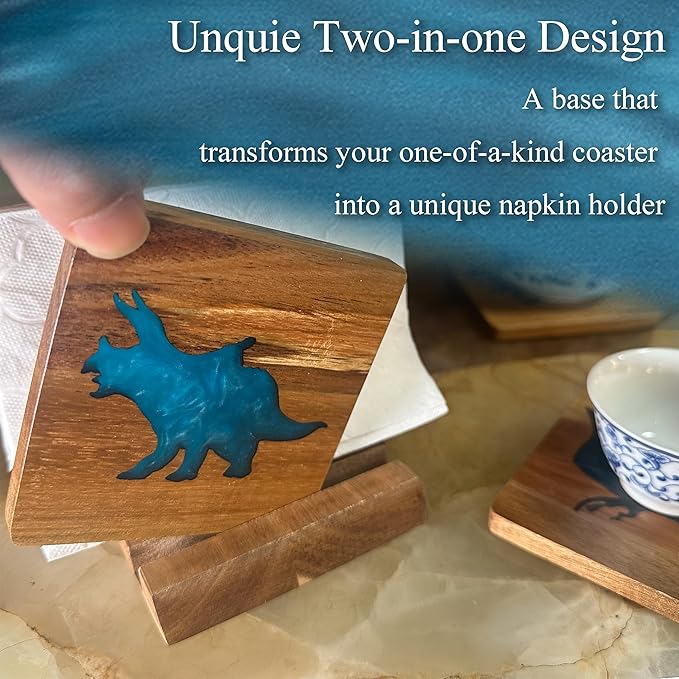 4Pcs Drink Coaster Set with Napkin Holder Conversion Base Acacia Wood with Unique Resin Dinosaurs Design for Kinds of Cups Tabletop Protection and Decor for Coffee Table Ideas for Gifts