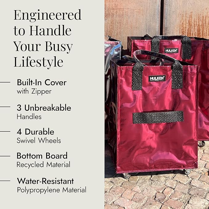 (Medium, Cosmic Red) Reusable Grocery Bag On Wheels, Shopping Trolley, Rolling Tote, Zipper Closure, Lightweight, Carries Up to 66 lb, Folds Flat, Unbreakable Handles