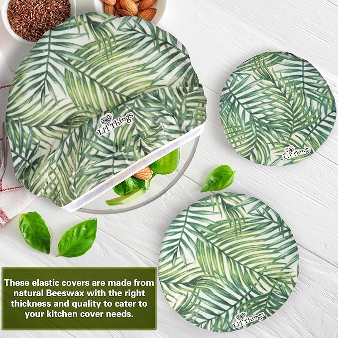 Li’l Things Beeswax Bowl Covers – Set of 5 (XS–XL) | Palm Leaves | Tropical Reusable Food Wraps | Organic Cotton, Beeswax, Washable & Plastic-Free Kitchen Storage Covers