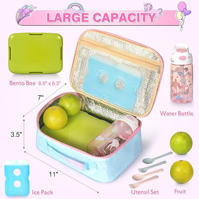 Lunch Box Kids, 11" L x 7" W x 3.5" H, Waterproof Reusable Insulated Lunch Bag for Girls, Cooler Bento Boxes Containers & Snacks for Elementary School Travel (Galaxy Blue)