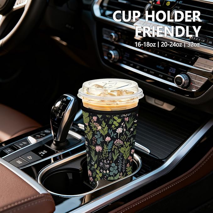 Iced Coffee Sleeve, Reusable Insulated Neoprene Cup Sleeve for Cold & Hot Drinks Beverages, Cup Holder for 16oz-18oz Coffee Cups,Black Flowers