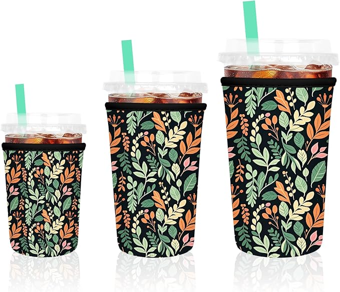 3 Pack Iced Coffee Sleeve, Reusable Insulated Neoprene Cup Sleeve for Cold & Hot Drinks Beverages, Cup Holder for 16-32oz Coffee Cups, Colorful Leaves