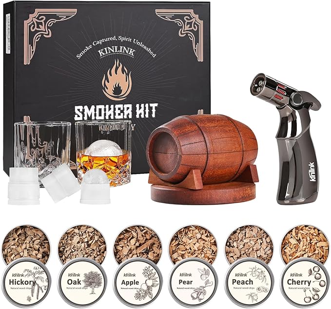 Whiskey Smoker Kit with Torch No Butane, 6 Flavors Wood Chips, 2 Whiskey Glasses, 2 Ice Ball Molds, Cocktail Drink Smoker Kit, Old Fashioned Smoker Kit, Birthday Anniversary Bourbon Gifts for Men Dad