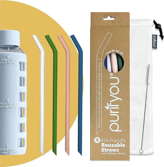Platinum Silicone Straws for Kids | Set of 4 | 9 inch Replacement Straw for Tumbler & Cups | Food Grade Silicone, BPA free | Soft & Reusable with Breathable Transport Case & Cleaning Brush by purifyou