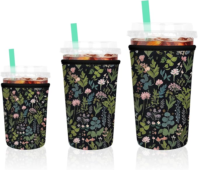 3 Pack Iced Coffee Sleeve, Reusable Insulated Neoprene Cup Sleeve for Cold & Hot Drinks Beverages, Cup Holder for 16-32oz Coffee Cups, Black Flowers